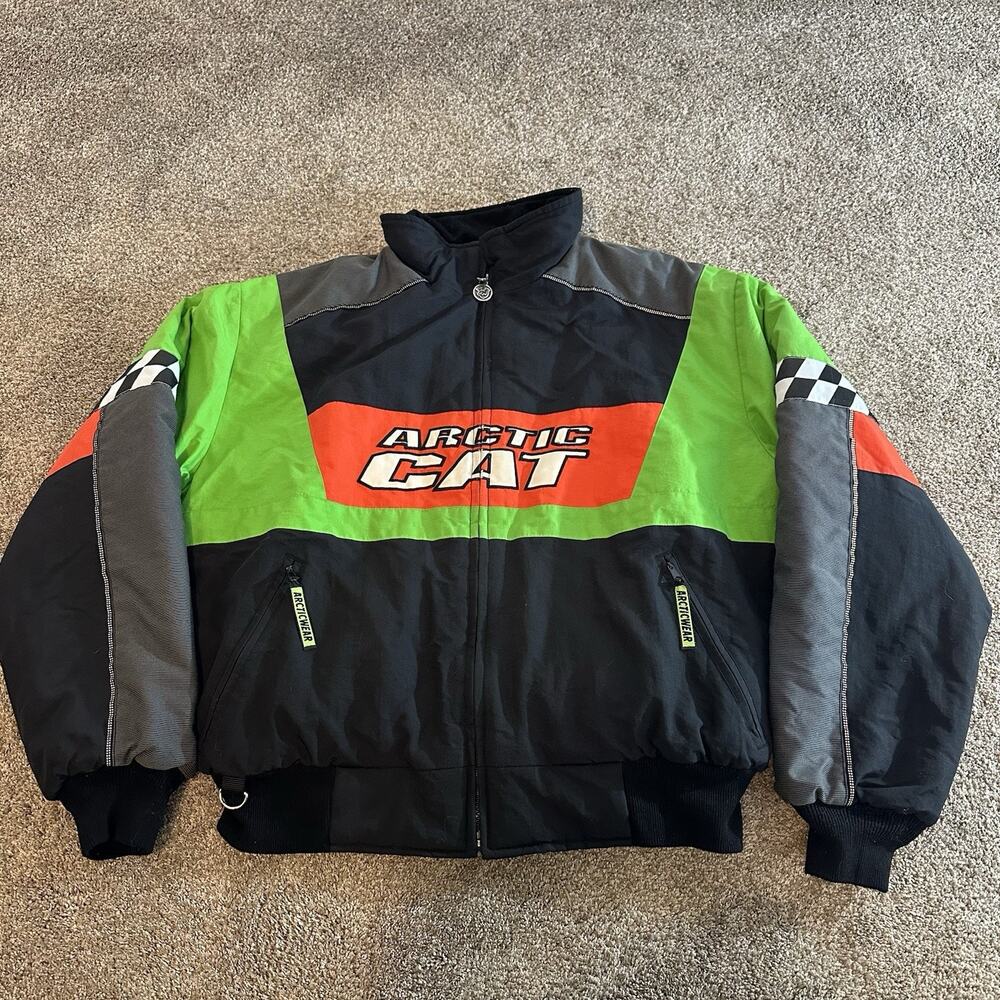 Vintage Arctic Cat Racing Jacket Mens L Insulated Snowmobile Green Black